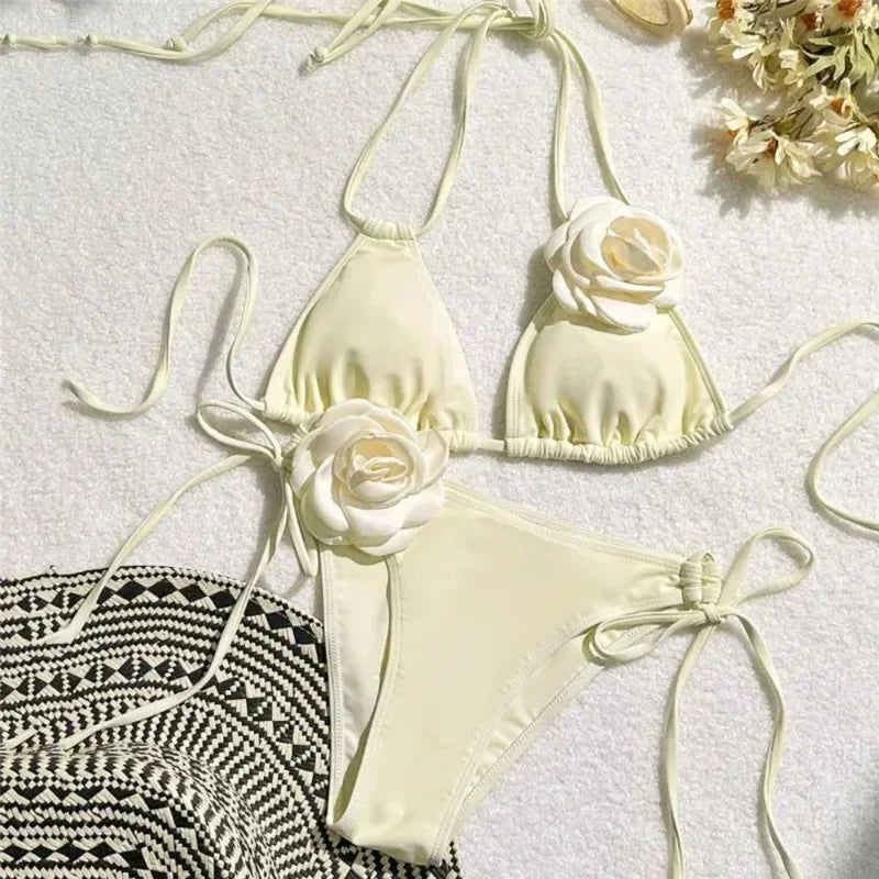 Sexy Flower Bandeau Swimwear Thong Bikini Women Lace-up Swimsuits Swimming Bathing Suit Brazilian Bikinis Set Mujer Biquini