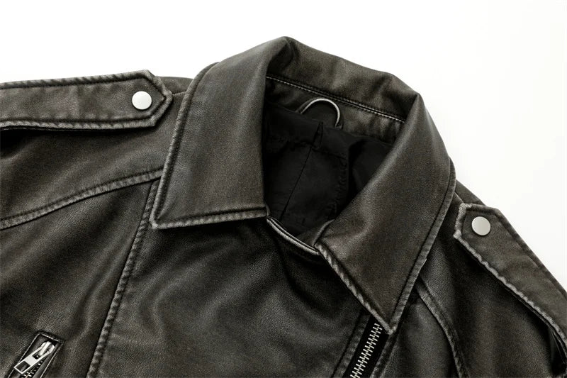 2025New Coal graysty le Women's washed leather jacket with belt, short coat with downgraded zipper and vintage lapel jacket