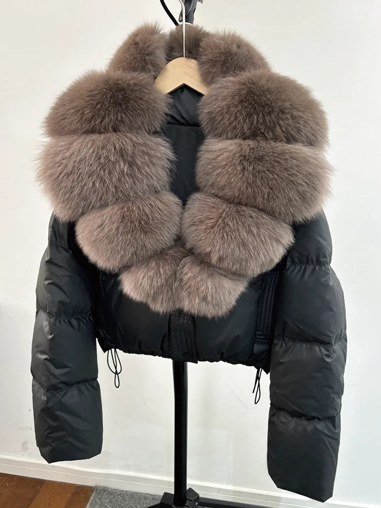 Janveny Large Natural Fox Fur Collar 90% White Duck Down Jacket Women Winter Short Waterproof PU Puffer Coat Female Thick Parkas