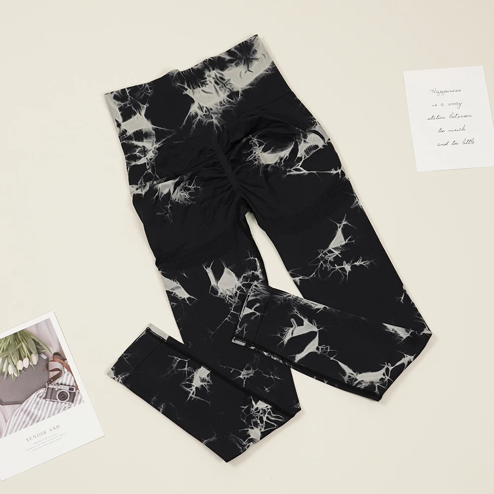 VEQKING Seamless Tie Dye Women Yoga Pants High Waist Sports Leggings Elastic Quick Dry Gym Fitness Pants Tight Workout Trousers