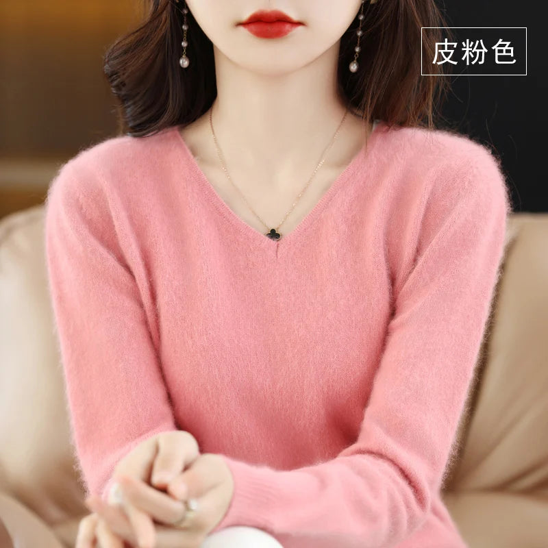 Autumn and Winter New Women's Sweater 100% Mink Cashmere Women's V-neck Pullover Casual Knitting Basic Fashion Large Top