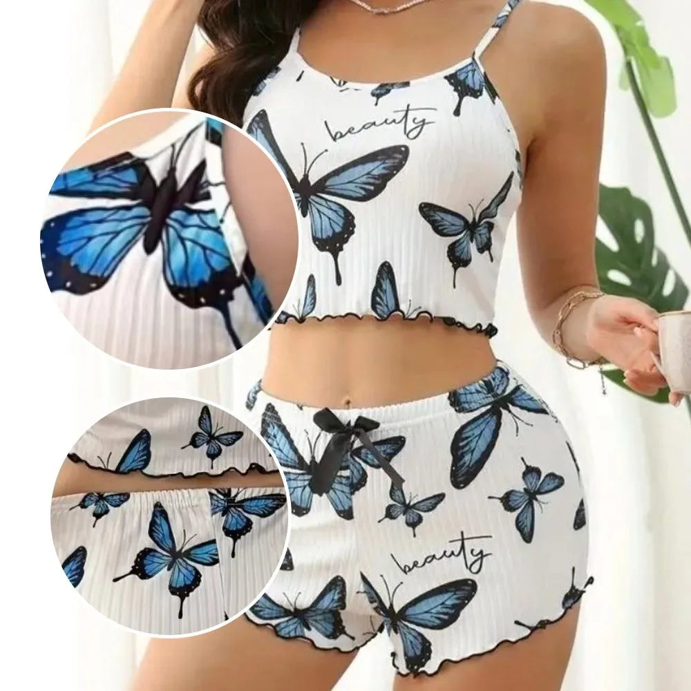New Butterfly Print Women's Pajama Set Sexy Breathable Sling Pajamas Polyester Two-Piece Set Home Clothes Relaxation Wear