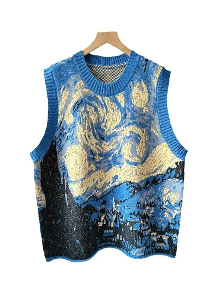 [EWQ] Vintage Oil Painting Sweater Vest Women Contrast O-neck Elastic Pullovers Knit Tank 2026 Spring Autumn Big Size Tops U5266