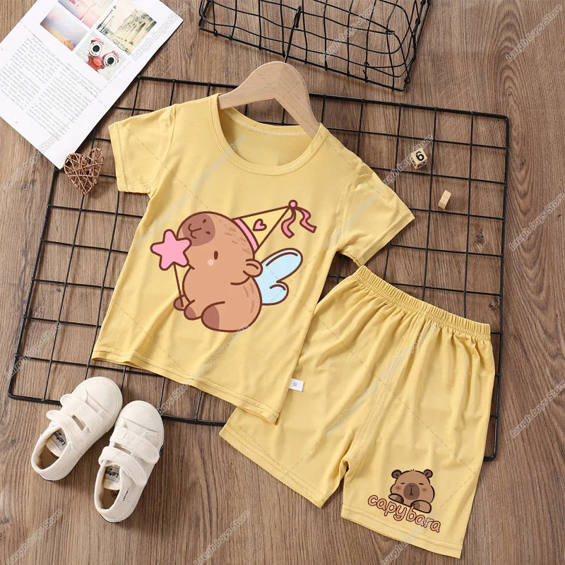 Capybara Cute Pajamas Suit Short Sleeve Sleepwear Cartoon Animal Print Soft Homewear Set Kawaii Silky Home Nightgown Summer Gift