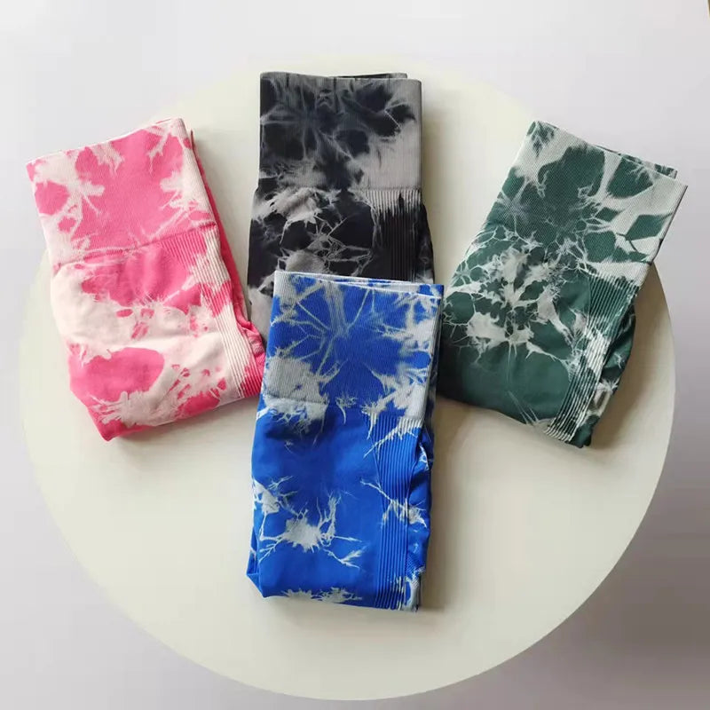 VEQKING Seamless Tie Dye Women Yoga Pants High Waist Sports Leggings Elastic Quick Dry Gym Fitness Pants Tight Workout Trousers