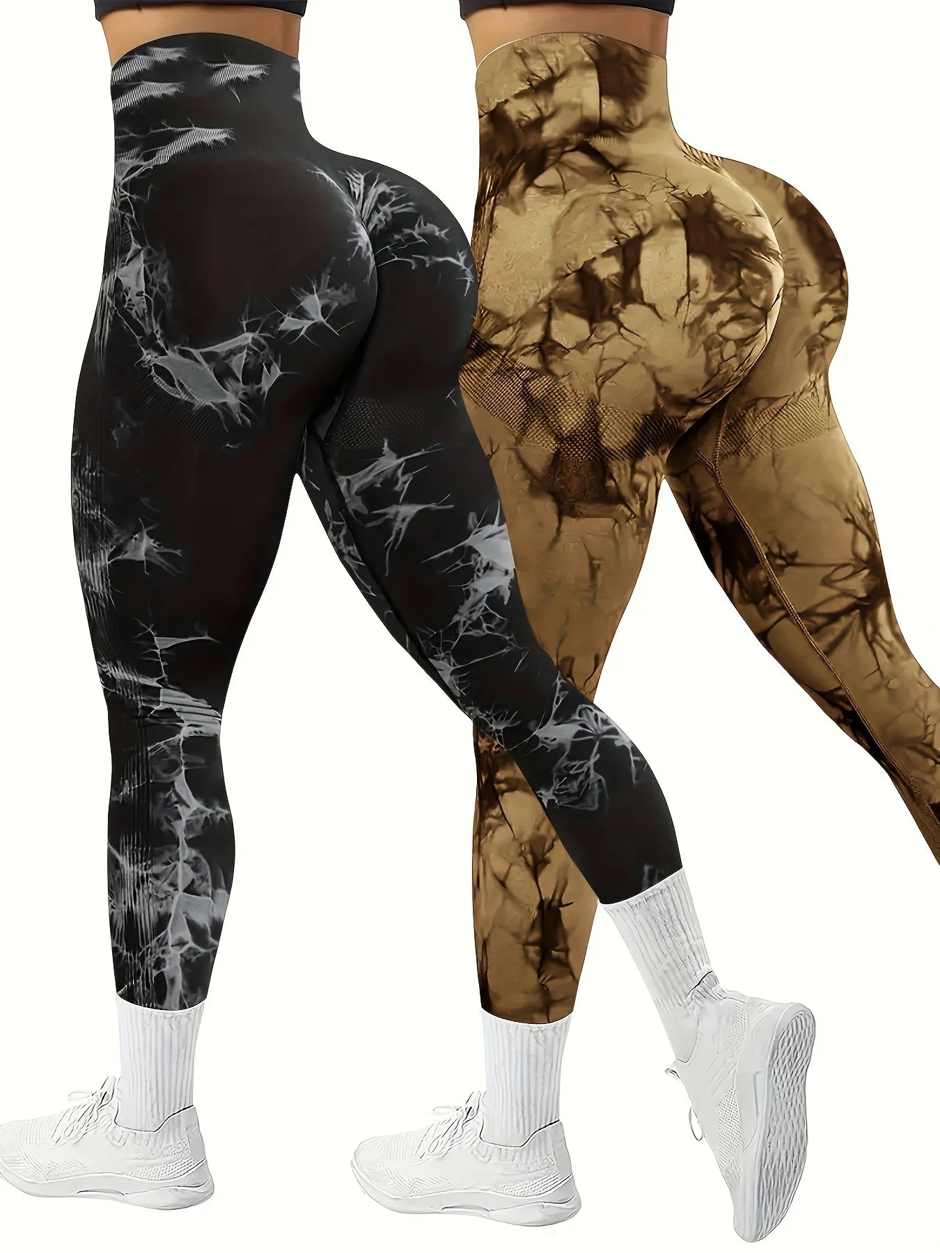 CZGUKE 2-PCS tie dye seamless women's high waisted yoga pants tight waist and hip lifting elastic wide waist sports leggings