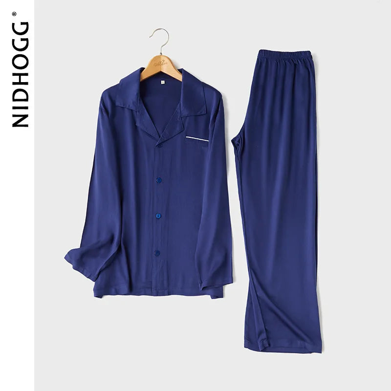 Couple's Satin Solid Color Pajamas Turn-down Collar Long-Sleeved Pajama Set Autumn Pocket 2 Piece Sleepwear Home Pijama Mujer