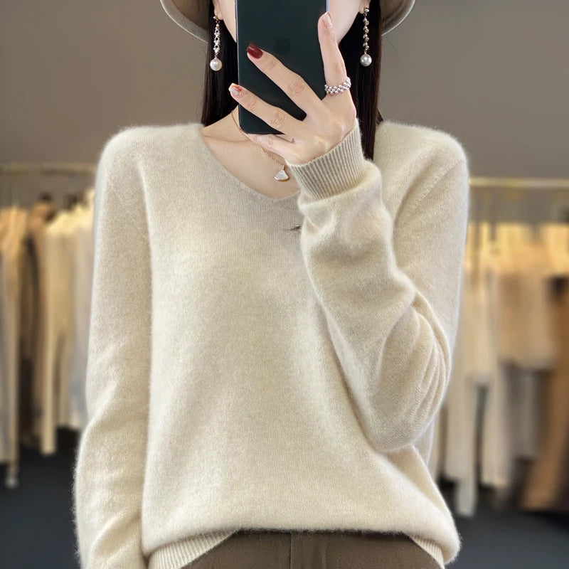 New Autumn And Winter Fashion First-Line Sweater 100% Pure Wool Women's V-Neck Pullover Knitted Base DMR201