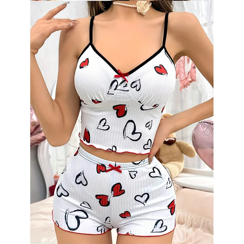 2026 New Women's Pajamas Summer Soft and Comfortable Heart Printed Home Clothes Two Piece Set Sexy Strap Pajama Set Hot Selling