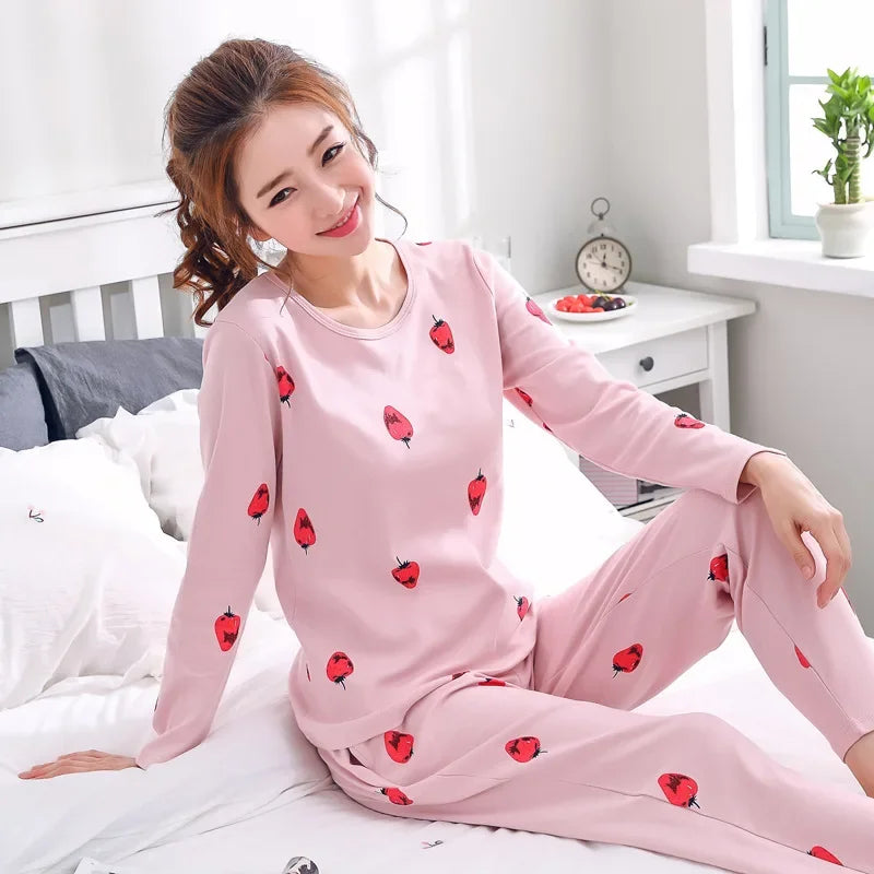 2025 Women Pajamas Set Spring Autumn New Cartoon Printed Long Sleeve Cute Sleepwear Casual Homewear Female Plus Size Pyjamas