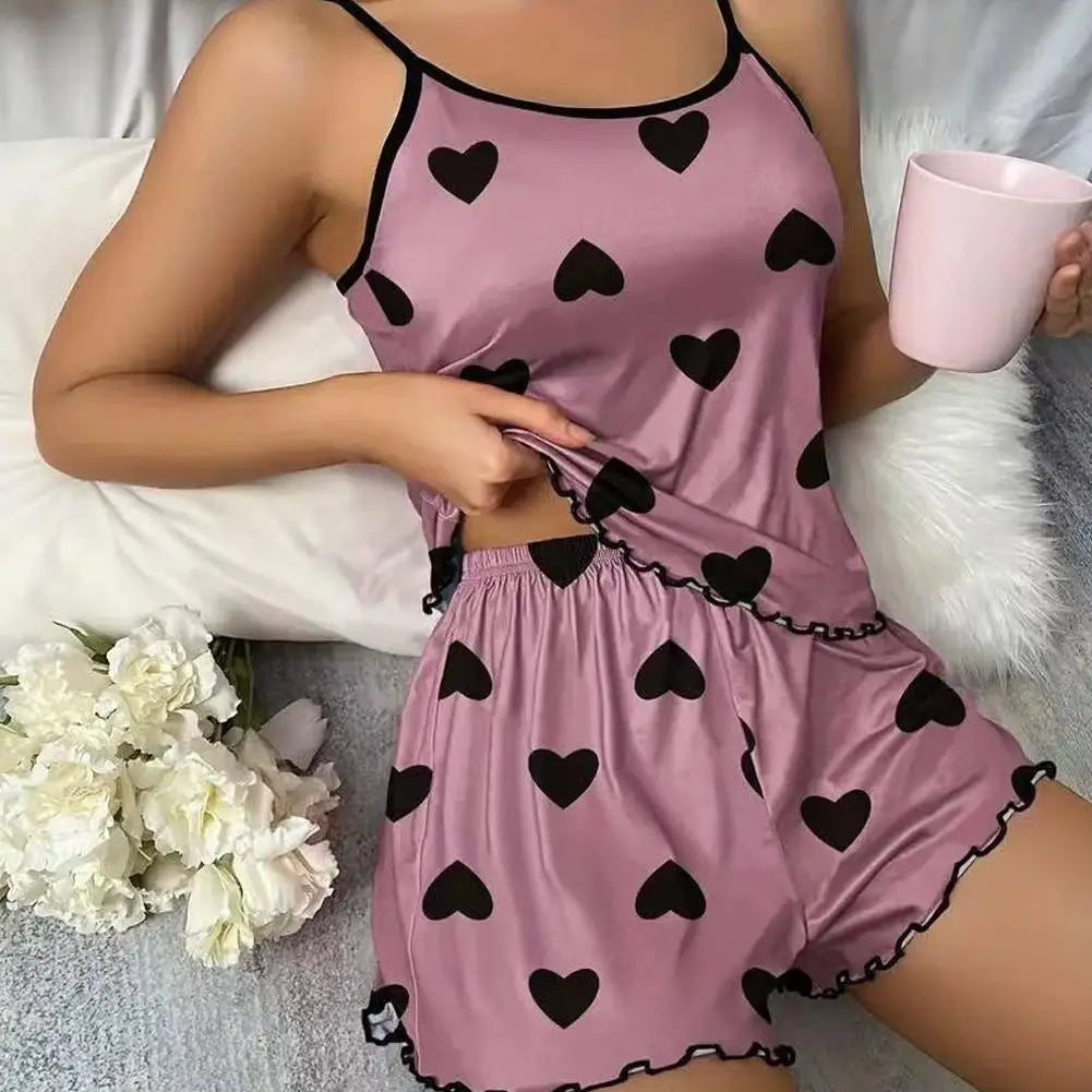 Women's Pajama Set Sexy Cute Kawaii Pajamas Women suspenders Sun-Tops Loungewear Set Shorts Y2K Lolita Heart Silk Sleepwear