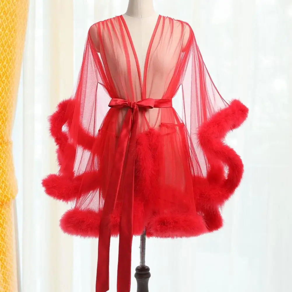 Women Solid Color Nightgown Mesh Ruffle Nightgown with Adjustable Waist Tie Sexy Plush Trim Sleepwear for Women Elegant Solid
