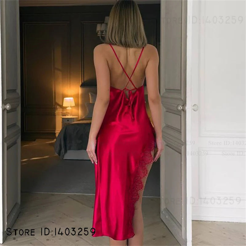 Women's Spaghetti Strap Nightgown Chemise Sleepwear Sexy Intimate Lingerie Backless Lace Split Nightdress Homewear Satin Nighty