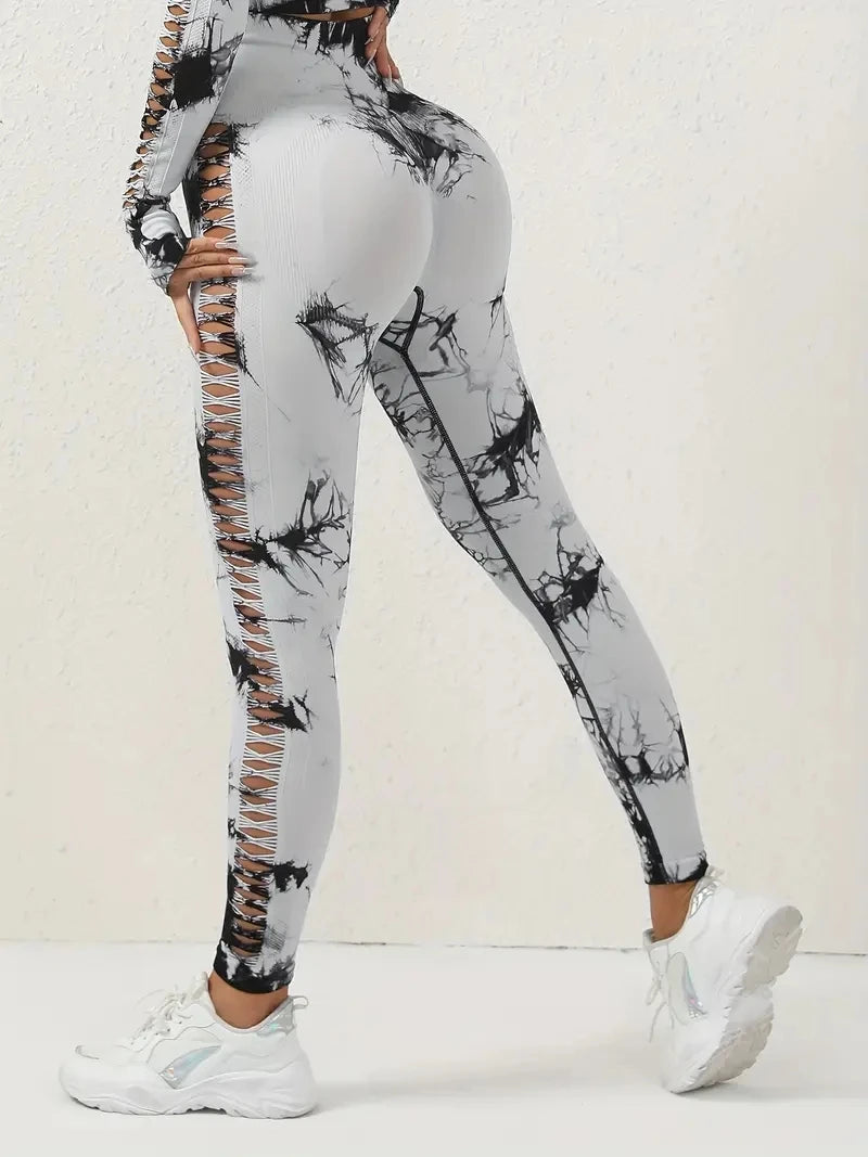 Women's High Waist Tie Dye Peach Butt Lifting Pants Sexy Cutout Breathable Stretchy Slim Fit for Workout Training