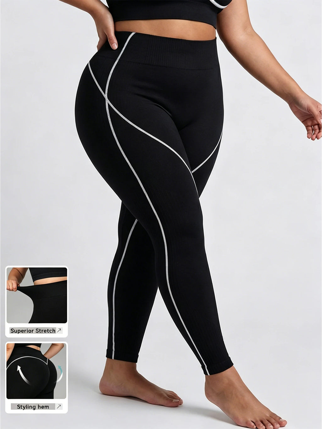 Plus Size Women's Sports Leggings, Seamless, High Waist, Contrast Piping, Butt Lifting, 4-Way Stretch, Gym Casual