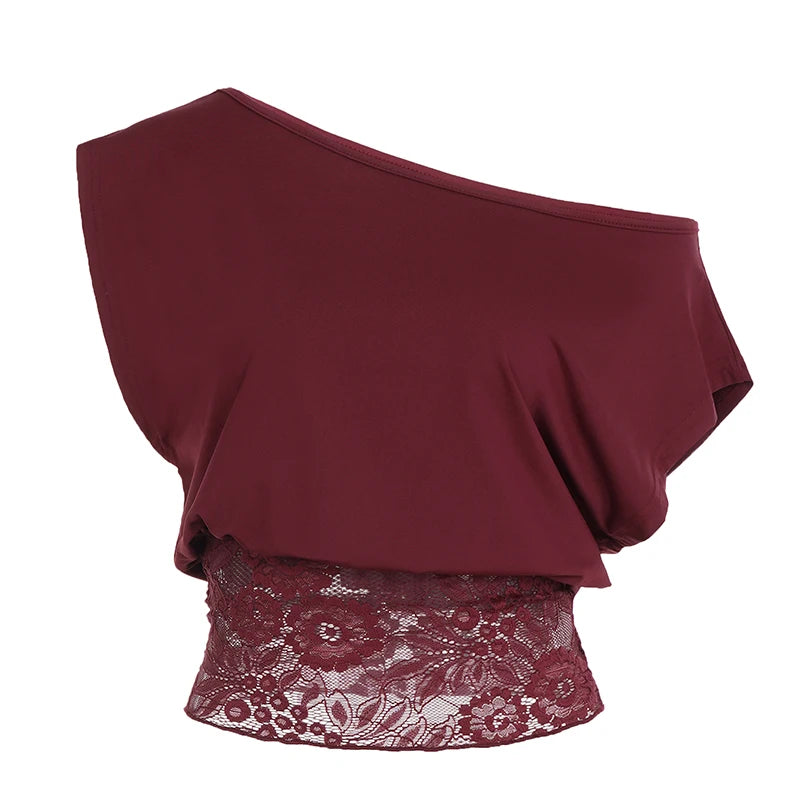 Elegant Patchwork Lace T-Shirt See Through Slim-Fitting Crew Neck Off-Shoulder Tees Women 2026 Fashion New （Two Design Styles）