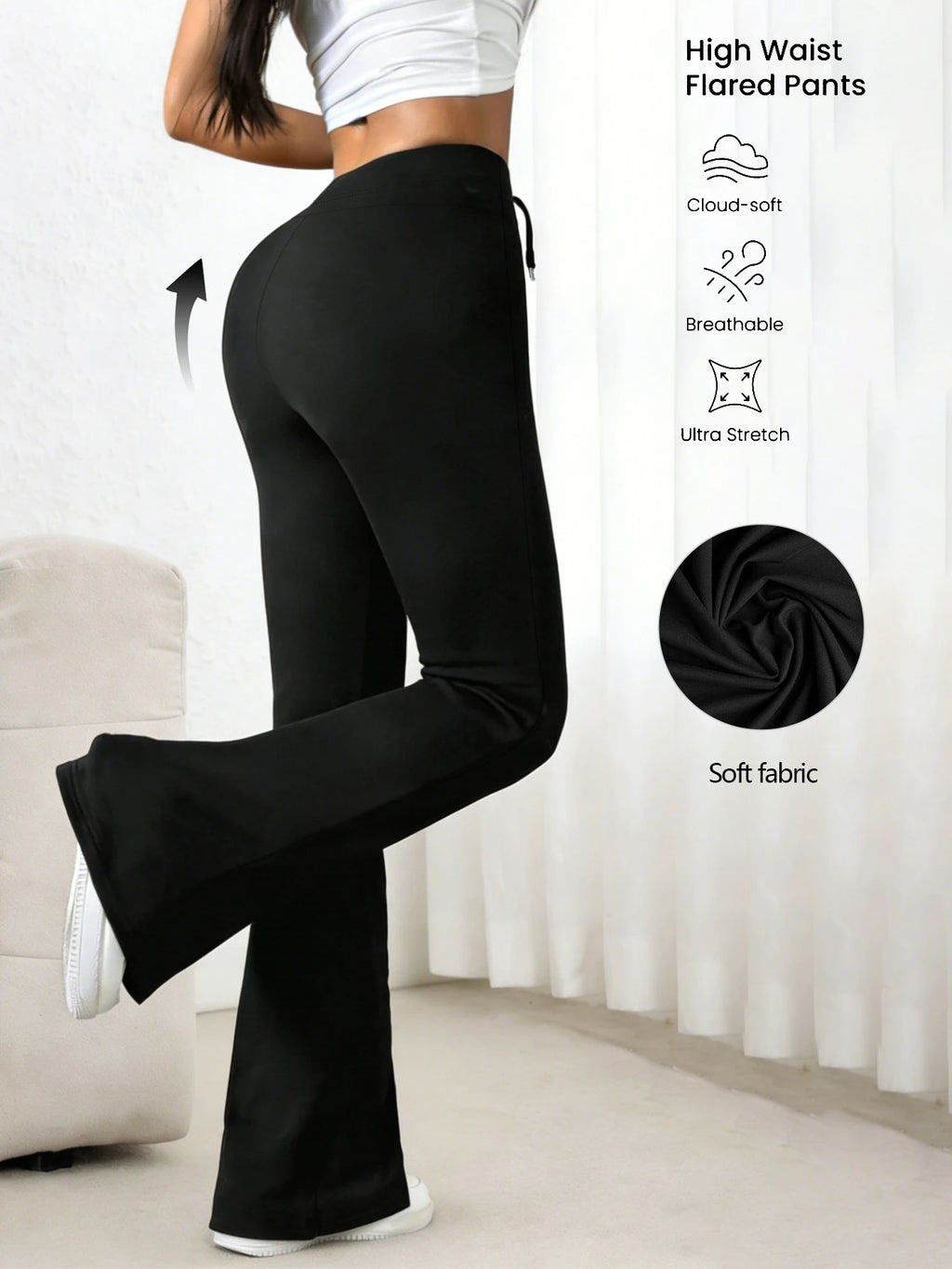 Women's Black High Waisted Bell-bottom Pants 2026 Spring Drawstring Waist Stretchy Skin-friendly Breathable Casual Daily Trendy