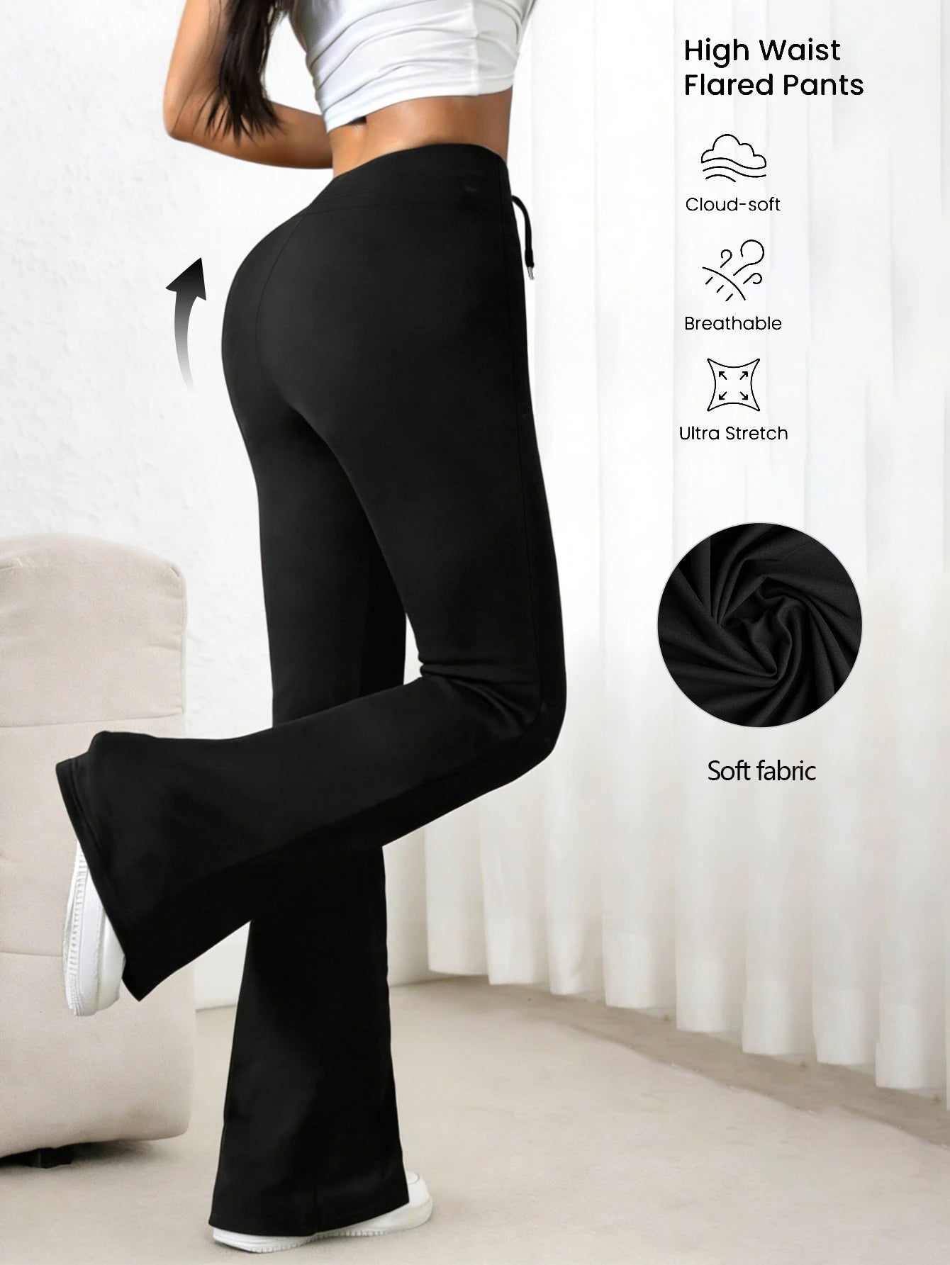 Women's Black High Waisted Bell-bottom Pants 2026 Spring Drawstring Waist Stretchy Skin-friendly Breathable Casual Daily Trendy