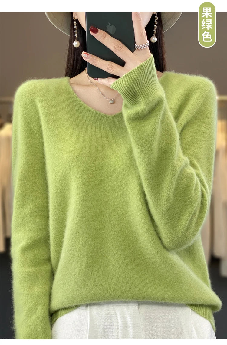 New Autumn And Winter Fashion First-Line Sweater 100% Pure Wool Women's V-Neck Pullover Knitted Base DMR201