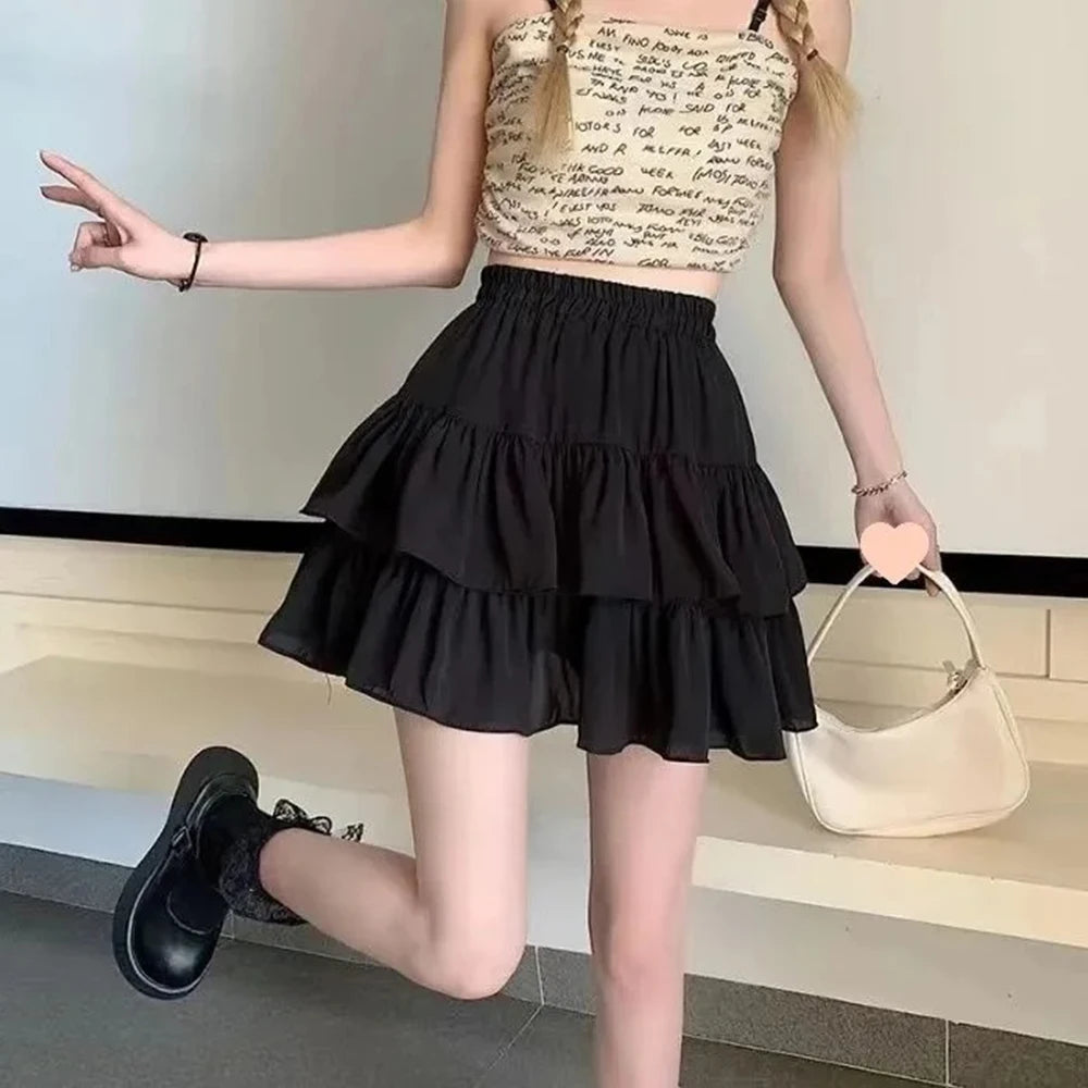 Pleated A-line Skirt White Women Ruffles Sweet Hottie Preppy Style Elastic Elastic Waist Slim Thin SimpleCasual Summer Wholesale