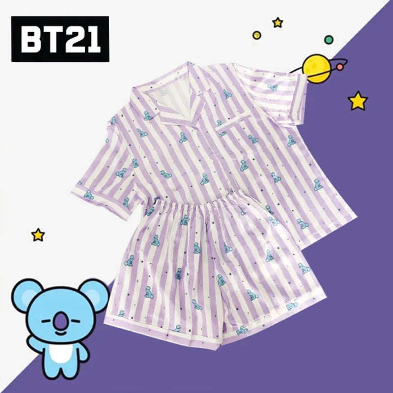 Kawaii Bt21 Tata Cooky Rj Pocket Short Sleeve and Shorts Pajama Set, Casual Satin Sleepwear with Lapel Collar and Button Detail