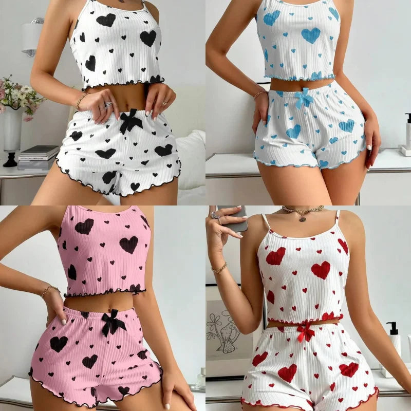 Women's Pajamas Set Sleepwear 2 PCS Short Tank Tops And Shorts S M L White Ventilate Soft Casual Love Printing
