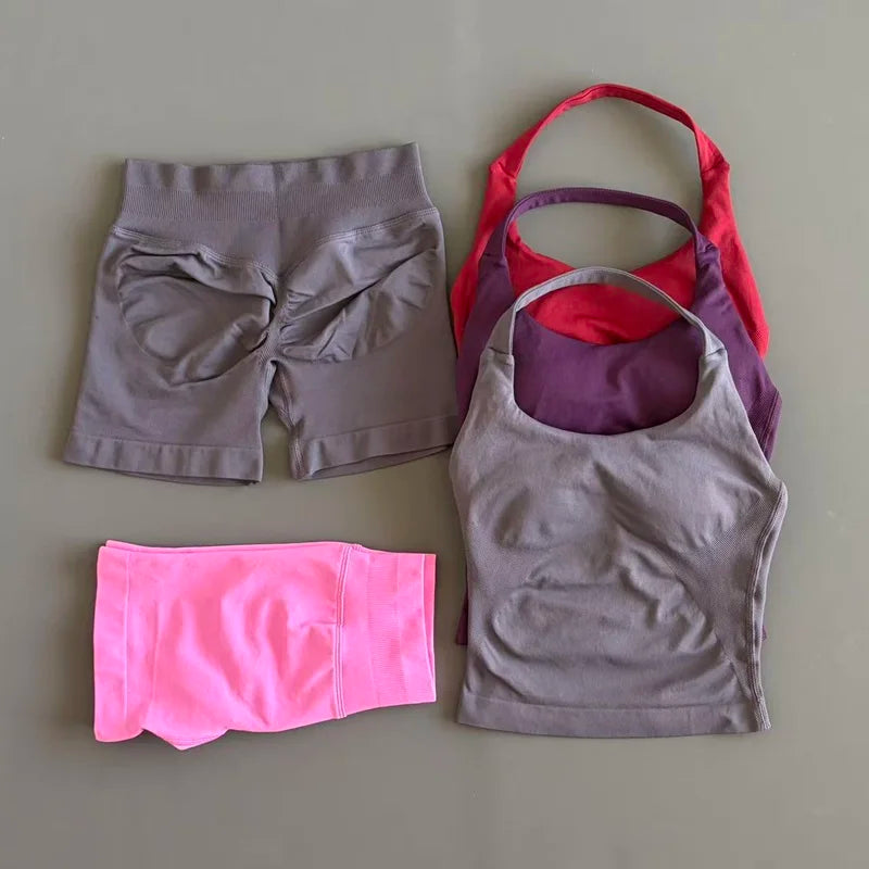2 Pcs HISTELLO Halter Top Strappy Bra Shorts Set Women Yoga Workout Clothes Seamless Vest Hip-Lifting Sports Leggings Gym Suit