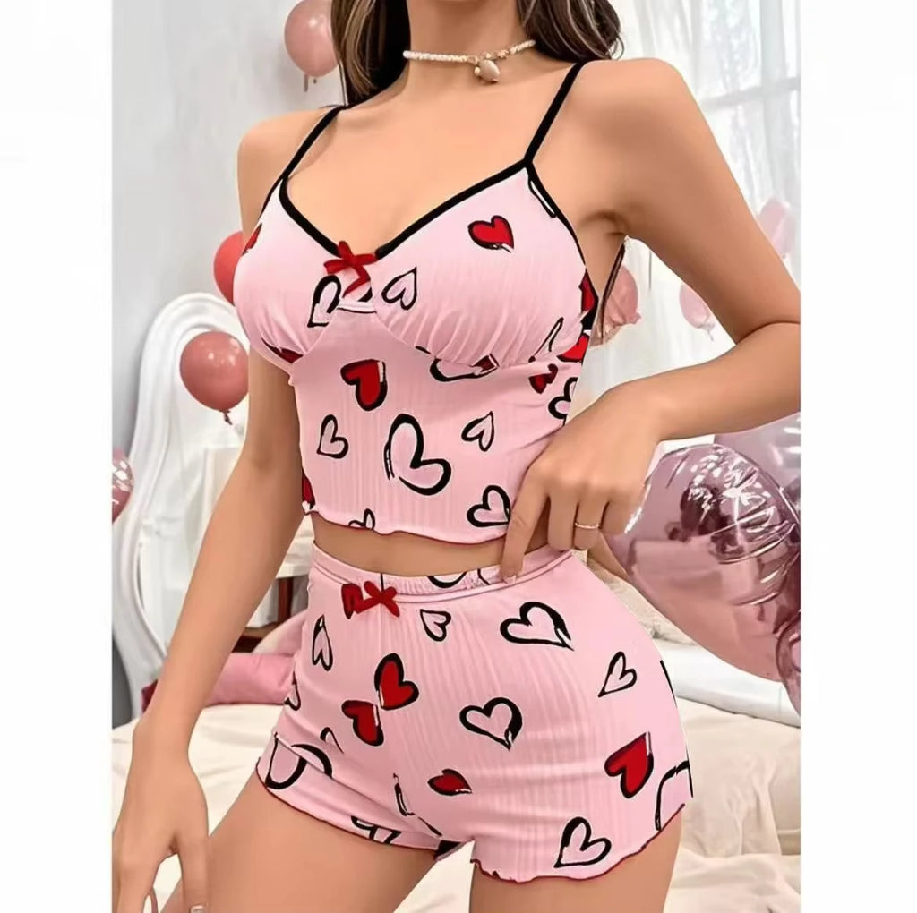 2026 New Women's Pajamas Summer Soft and Comfortable Heart Printed Home Clothes Two Piece Set Sexy Strap Pajama Set Hot Selling