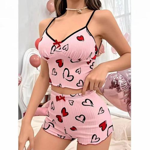 2026 New Women's Pajamas Summer Soft and Comfortable Heart Printed Home Clothes Two Piece Set Sexy Strap Pajama Set Hot Selling