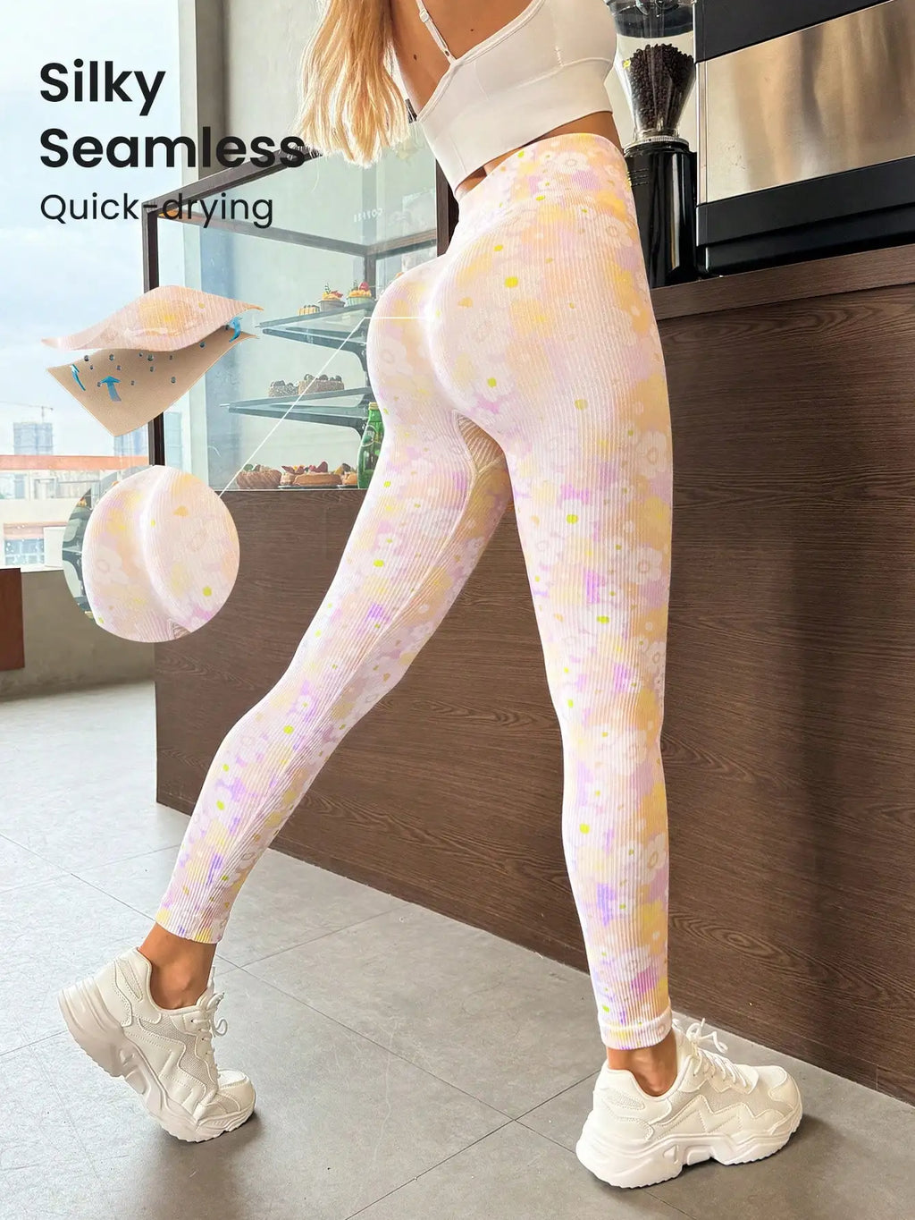 Floral Print Ribbed Yoga Leggings Women High Waist Seamless Quick-Drying Butt Lifting Fitness Workout Tights Gym Sportswear