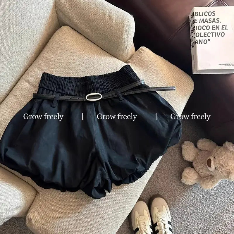 Women High Waist Casual Summer 2025 Elastic Waist Shorts Korean Style Blooming Skirt Pants with Belt