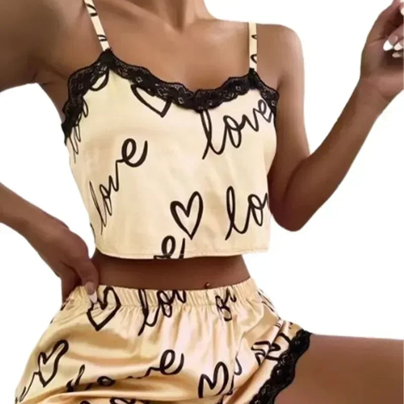 Sexy Pajama Shorts Sets Womens Homewear Love Print Nighty Underwear Pijama Summer Lingeries Camisoles Tanks Lady Sleepwear Woman