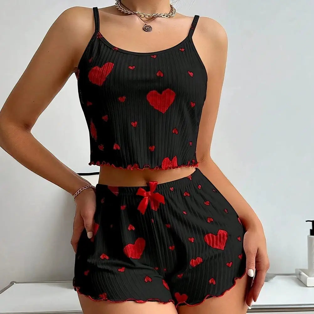 Women's Pajamas Set Sleepwear 2 PCS Short Tank Tops And Shorts S M L White Ventilate Soft Casual Heart Printing ﻿