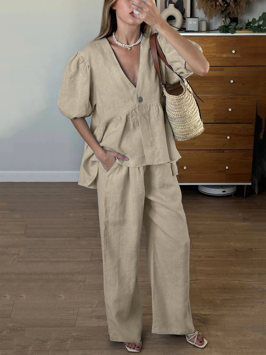 Marthaqiqi Home Clothes Female Sexy V-Neck Sleepwear Short Sleeve Nightgowns Wide Leg Pants Loose Women'S Nightwear 2 Piece Set