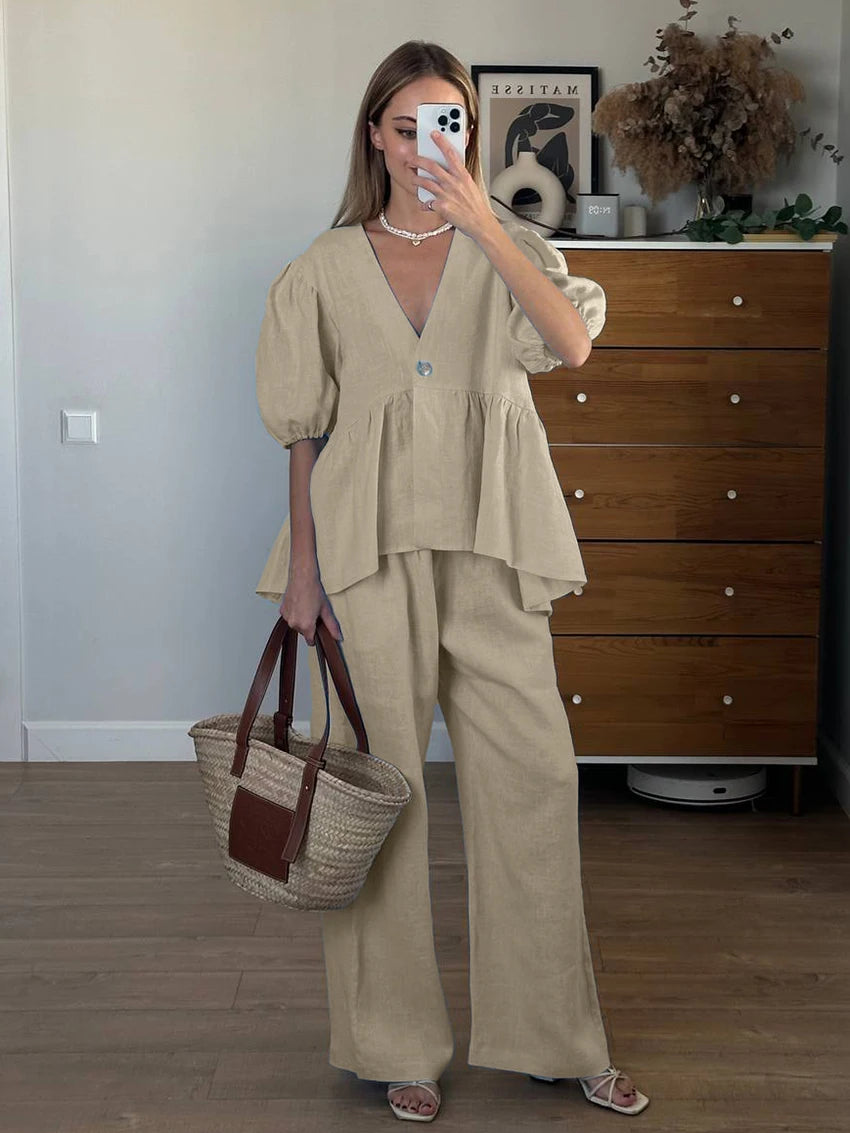 Marthaqiqi Home Clothes Female Sexy V-Neck Sleepwear Short Sleeve Nightgowns Wide Leg Pants Loose Women'S Nightwear 2 Piece Set
