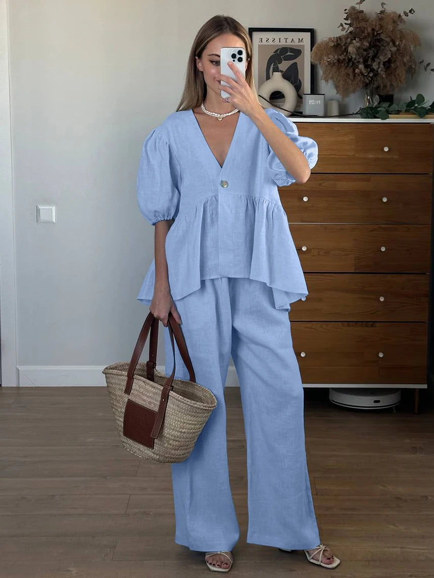 Marthaqiqi Home Clothes Female Sexy V-Neck Sleepwear Short Sleeve Nightgowns Wide Leg Pants Loose Women'S Nightwear 2 Piece Set