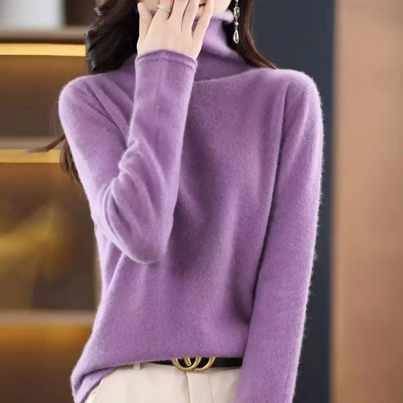 100% Wool Fold Neck Sweater Women's AutumnWinter High Neck Long Sleeved Solid Color Warm Pullover Sweater Knitted Jumper Top
