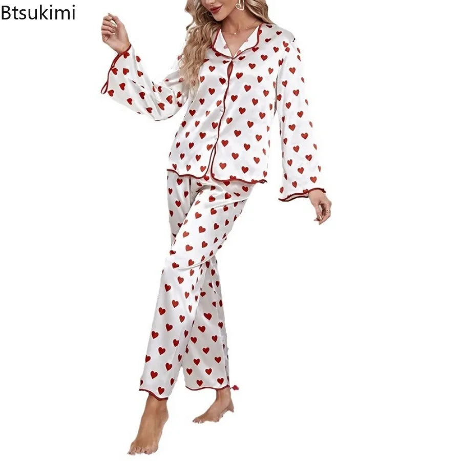Women's Casual Soft Sleepwear Sets Spring Autumn Satin Printed Heart-shaped Long Sleeved Top and Pants Two Piece Home Suit Set