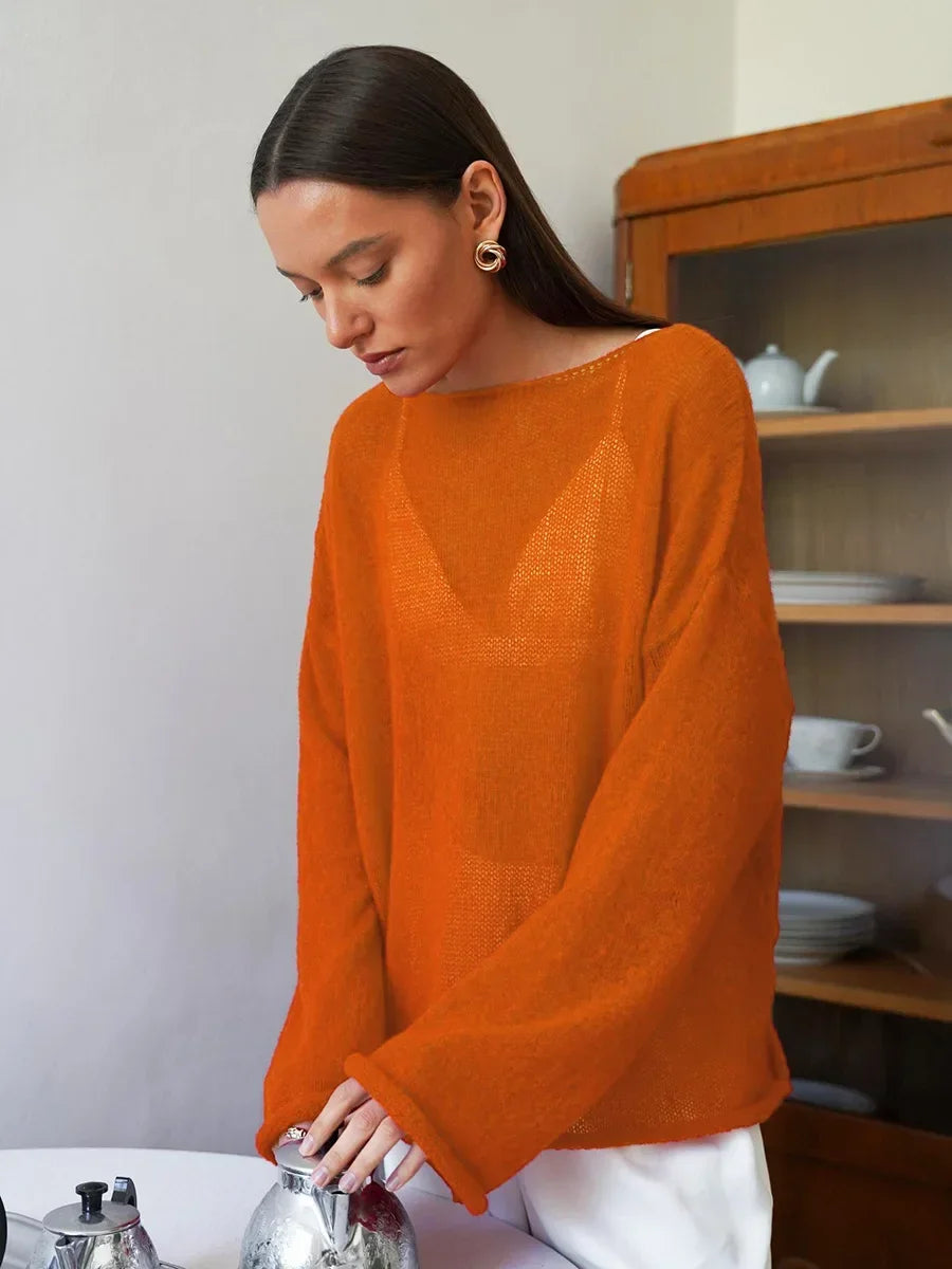 TARUXY Hollow Knitted Sweater Pullover 2024 Autumn New Women's See Through Thin Large Round Neck Bell Long Sleeve Knit T-Shirt