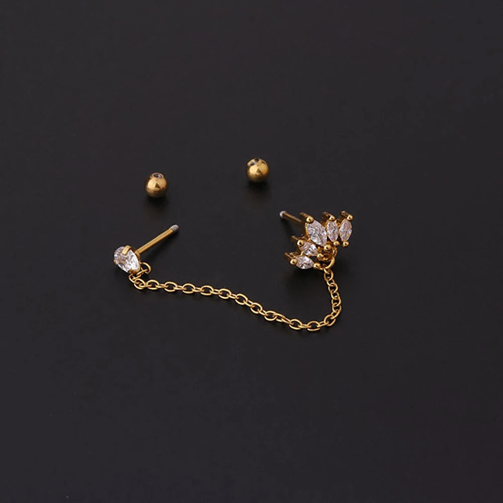 1 Piece 99% Pure Titanium Double Pierced Chain Earrings for Women Crown Flower Zircon Piercing Stud Earring Fashion Jewelry Gift