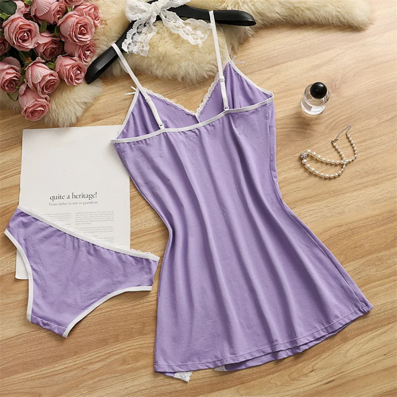 Women Pajama Cotton Suspender Nightdress 2 Pieces Pajama Set Cute Lace Nightgowns Bow Summer Sleepwear V-neck Slit Pajamas Dress