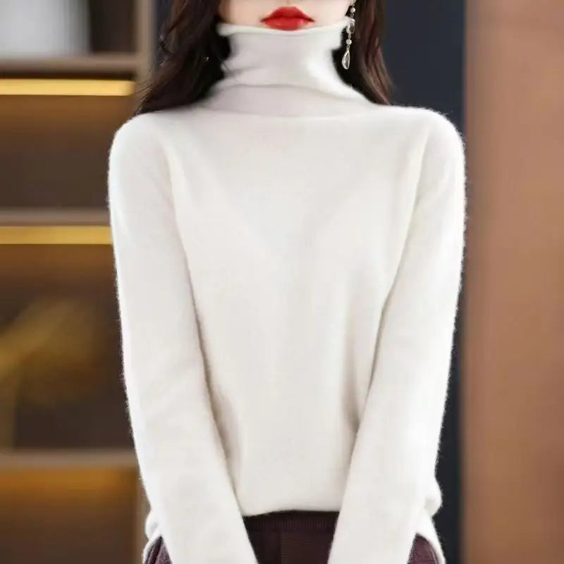 100% Wool Fold Neck Sweater Women's AutumnWinter High Neck Long Sleeved Solid Color Warm Pullover Sweater Knitted Jumper Top