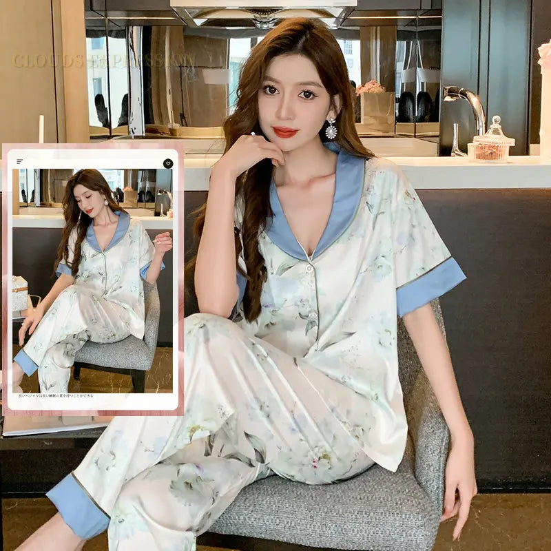 Spring Summer Ladies Faux Silk Polyester Pajama Sets Sexy Homewear Women's Casual Luxury Pajamas Thin Pajamas Female Sleepwear