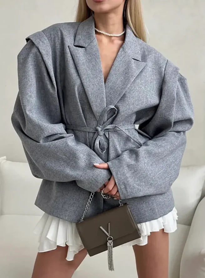 Solid Lapel Blazer Jacket For Women Oversize Notched Single Breasted Shoulder Pads Jackets 2025 Office Lady Long Sleeve Tops
