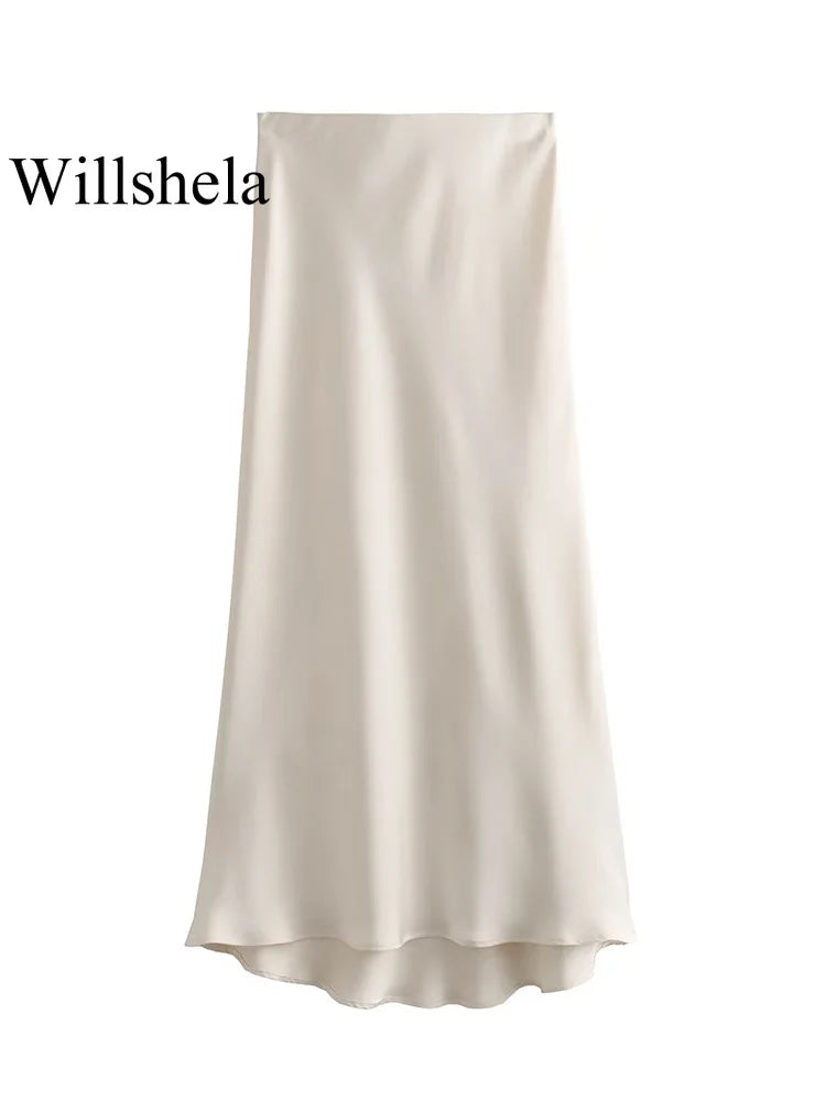 Willshela 2024 Black Satin Skirt Woman High Waist Elegant Long Skirts For Women Fashion Summer Midi Skirt Office Women's Skirts