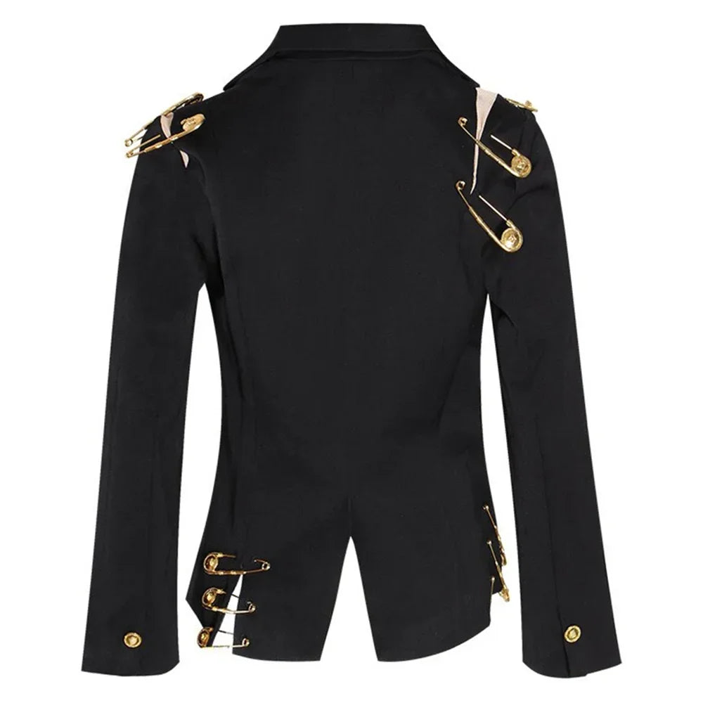 VGH Chic Spliced Metal Pin Slimming Blazer for Women Notched Collar Long Sleeve Patchwork Mesh Hollow Out Fashion Jacket Female