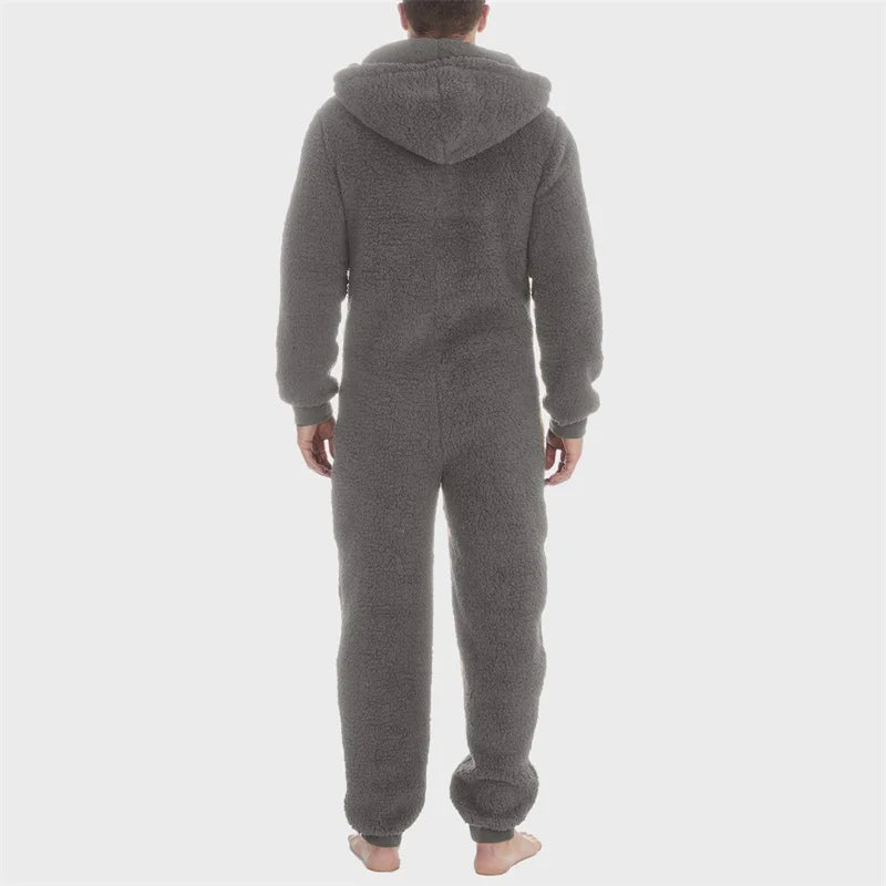 Men's Hooded Pajamas Autumn and Winter Thickened Jumpsuit Hooded Clothing Fleece Zipper Front Full Length Jumpsuit Sleepwear