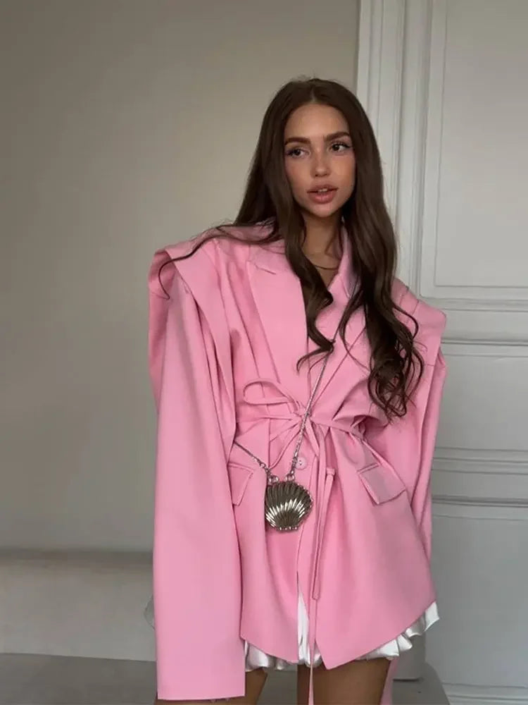 Solid Lapel Blazer Jacket For Women Oversize Notched Single Breasted Shoulder Pads Jackets 2025 Office Lady Long Sleeve Tops