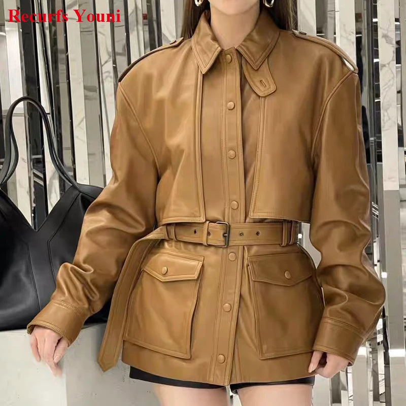 Winter Genuine Leather Outwears For Women High Quality Female Large Pocket Epaulet Belt Mid Long Jacket Female Warm Windbreaker