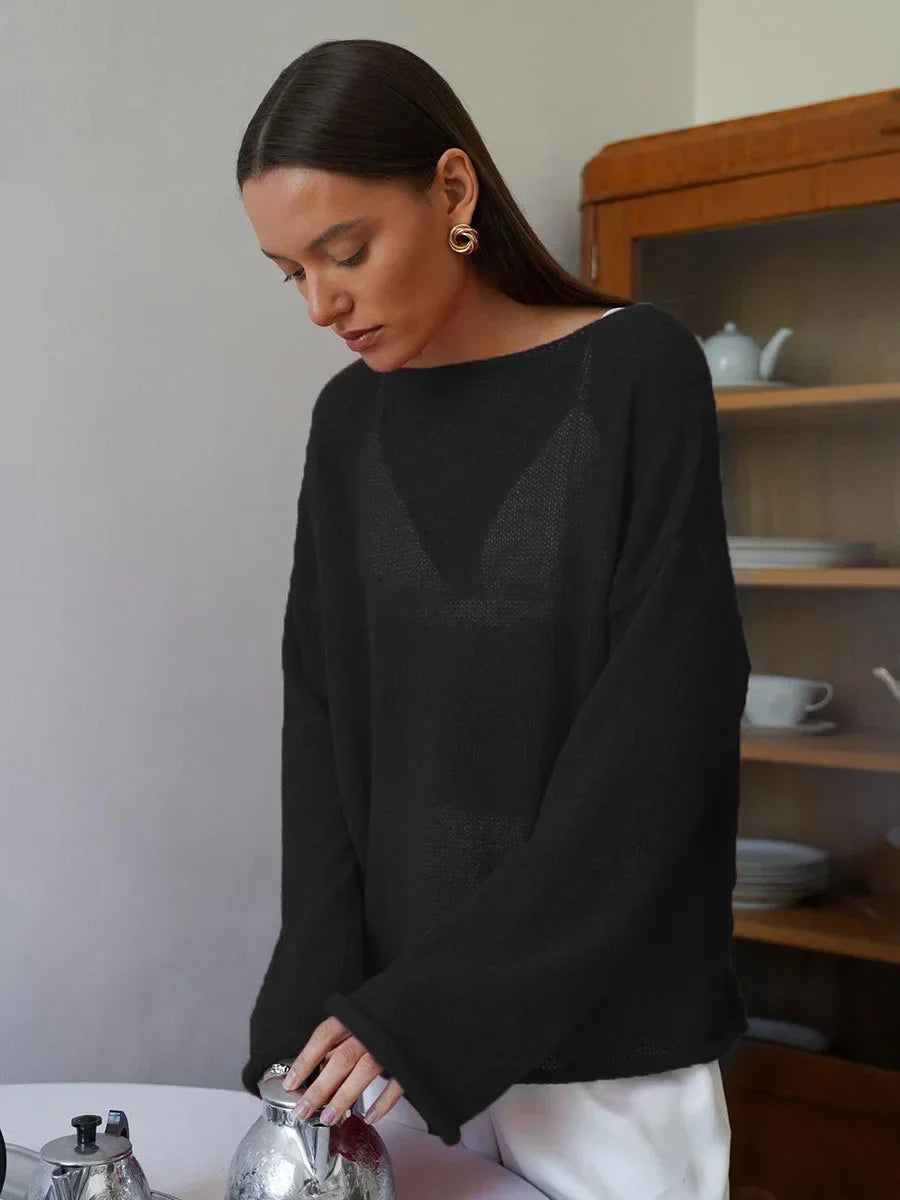 TARUXY Hollow Knitted Sweater Pullover 2024 Autumn New Women's See Through Thin Large Round Neck Bell Long Sleeve Knit T-Shirt